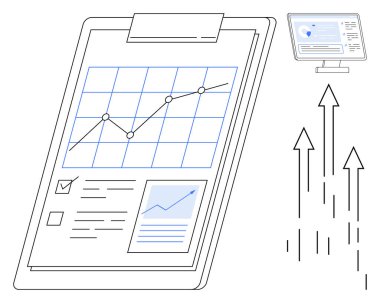 Grafik verileri, büyüme grafiği ve dokümanları bilgisayar ekranı ve yukarı doğru okların yanında tutan pano. Performans izleme, iş büyümesi, analitik, istatistik, ilerleme ve veri için ideal