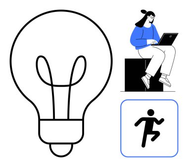 Büyük ampul yenilikleri özetliyor. Dizüstü bilgisayarlı bir kadın verimliliği temsil ediyor. Minimum koşucu simgesi etkinlik gösterir. Yaratıcılık, öğrenme, teknoloji, fitness, yenilik için ideal