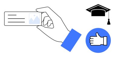 El ele tutuşan kimlik kartı, mezuniyet şapkası ve kimlik, eğitim, onay, kimlik doğrulama, başarı ve güven işaretleri. Basit bir iniş sayfası için ideal