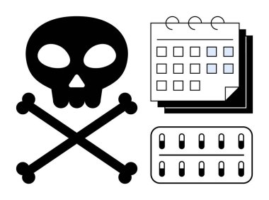 Sağlık risklerini, tehlikeli madde kullanımını, ilaç kullanımını, zehirliliği, zamanla ilgili tehditleri gösteren bir takvim ve hap paketinin yanında kafatası ve çapraz kemikler. Sağlık farkındalığı için ideal