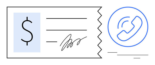 Receipt with a dollar sign and signature, accompanied by a call icon. Ideal for finance, payment confirmation, billing, mobile banking, customer support, communication and transactions. Simple flat