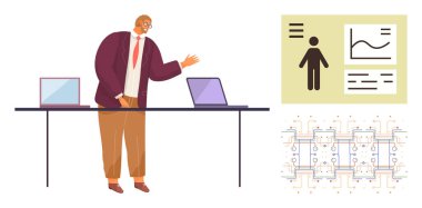 Basit bir düz metaforla dizüstü bilgisayara grafikler ve diyagramlar ile profesyonel işaret etmek, veri analizleri, takım çalışması, iş, eğitim, işyeri stratejisi, proje planlaması ve kavramları vurgulamak