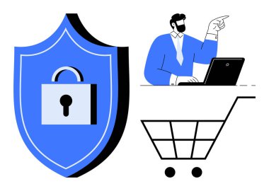Resmi kıyafetli adamın yanındaki mavi kalkan alışveriş arabasının içindeki dizüstü bilgisayarı işaret ediyor. Siber güvenlik, çevrimiçi perakende, veri koruması, ödeme güvenliği, e-ticaret, dijital güven, İnternet için ideal