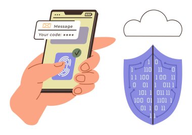 Parmak izi taraması, doğrulama kodu mesajı, ikili kodlu kalkan ve bulut ile el ele tutuşan akıllı telefon. Siber güvenlik, veri koruması, kimlik doğrulama, gizlilik, teknoloji mobil