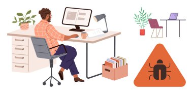 Kahve fincanı ile bilgisayarda çalışan bir adam, kodlama problemi ile uğraşıyor. Kitaplar, bitkiler ve üçgen hata uyarı işareti gelişimi, problem çözme ve odaklanma. Üretkenlik için ideal