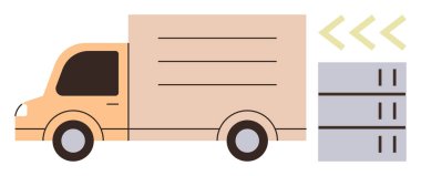 Yük kamyonu istiflenmiş kutuların yanına yerleştirilmiş hareket oklarıyla yükleme yapıyor. Lojistik, teslimat, nakliye, tedarik zinciri, ulaşım, depo kargo için ideal. Temiz, düz metafor