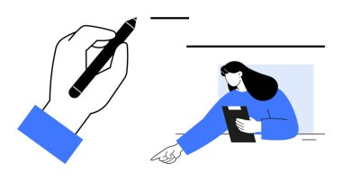 Tablet tutan, işaret eden kalem ve profesyonel bir kadının el yazısı. Takım çalışması, planlama, organizasyon, eğitim, iletişim, basit iniş sayfası için ideal