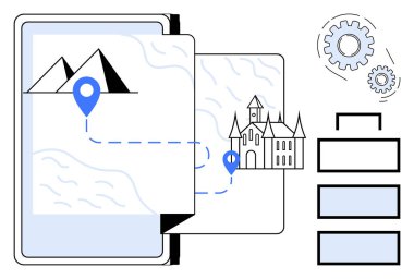 Mobil cihaz, dağları bir kaleye bağlayan konum iğnelerini gösteren bir harita gösteriyor. Dişliler ve görev dikdörtgenleriyle birleştirilmiş. Navigasyon, seyahat planlaması, turizm, görevler, keşif için ideal