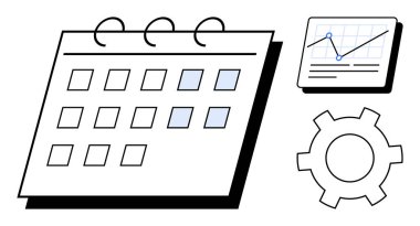 Vurgulanmış tarihli takvim, eğilim çizgilerini gösteren analitik grafik ve süreç yönetimini sembolize eden dişli takvimi. Organizasyon, planlama, üretkenlik, zamanlama, analitik, strateji için idealdir.