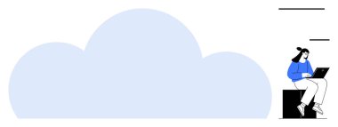 Küp üzerinde oturan, büyük bir bulutun yanında dizüstü bilgisayarda yazan bir kadın. Bulut hesaplama, uzak çalışma, veri depolama, yaratıcılık, teknoloji, gelecek, basit düz metafor