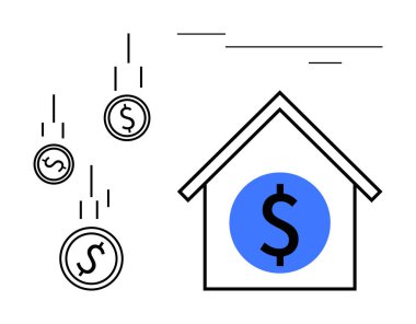 Yatırımları, tasarrufları veya kârı sembolize eden cesur bir dolar işareti ve düşen paraların olduğu bir ev. Gayrimenkul, konut piyasası, mali yönetim, emlak değeri, zenginlik büyümesi için ideal