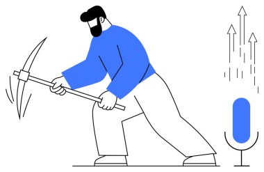 Kazmayla saldıran kişi, iletişim için mikrofon ve ilerlemeyi gösteren yukarı doğru oklar. Yenilik, teknoloji, büyüme, çaba, kararlılık, dijital veri madenciliği geliştirme için ideal