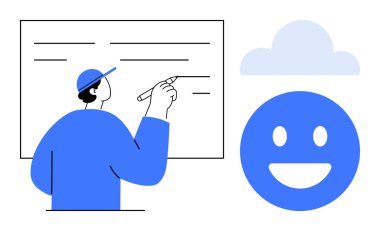 Büyük tahtaya çizgiler çizen, şapkalı, gülümseyen yüzün yanında ışık bulutu olan bir adam. Eğitim, takım çalışması, yaratıcılık, beyin fırtınası, işbirliği, olumlu iniş için ideal