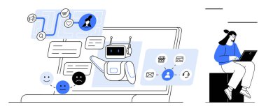 Yapay zeka sohbet robotu ekrandaki kullanıcı sorularına metin kutuları, duygular ve otomasyon simgeleriyle cevap veriyor. Teknoloji, yenilik, müşteri hizmetleri, otomasyon, yapay zeka iletişimi, makine öğrenimi için ideal