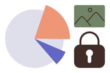 Soyut pasta tablosu, resim çerçevesi ve kilit veri koruması, analitik ve güvenliği simgeliyor. Mahremiyet, istatistik, iş güvenliği veri depolama stratejisi için ideal. Basit.