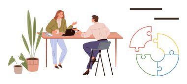 İki iş arkadaşı bir masada dizüstü bilgisayar ve kahveyle konuşuyor, etrafları bitkilerle çevrili ve bulmaca diyagramı var. Takım çalışması, işbirliği, iletişim, yaratıcılık, sorun çözme, işyeri hedefleri için ideal