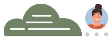 Dairesel çerçevede kadın avatarın yanında metin satırları olan yeşil bulut. Bulut depolama, çevrimiçi mesajlaşma, kullanıcı profilleri, takım çalışması, dijital iletişim, ağ oluşturma ve teknoloji için ideal. Basit.