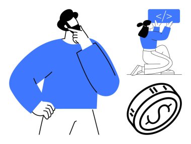 Mavi kazaklı bir adam, programlama sembolleriyle kod yazan bir kadın ve finansı simgeleyen bir para. Yenilik, problem çözme, teknoloji, iş, analiz, basit iniş sayfaları için ideal