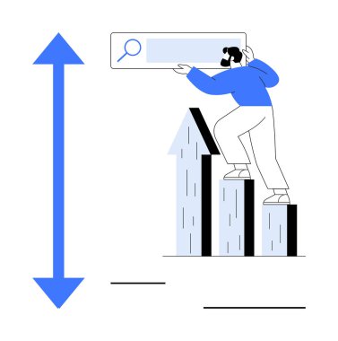 Büyüyen çubuk grafiğinin üzerinde elinde bir arama çubuğu tutan kişi. İlerleme, büyüme, analitik, başarı, kariyer geliştirme, araştırma dijital pazarlama için idealdir. Basit düz metafor