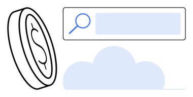 Dolar parası, büyüteçle arama çubuğu, ve dijital para birimini temsil eden bulut, arama motoru, bulut hesaplama. Finans, teknoloji, ecommerce, veri depolama yenilik arama motoru için ideal