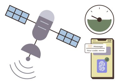 Uydu sinyalleri gönderiyor, akıllı telefon parmak izi ve doğrulama kodu gösteriyor, analog gösterge hızı gösteriyor. İletişim, güvenlik, teknoloji, GPS, veri transferi, doğrulama için ideal