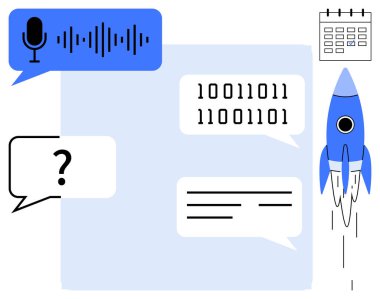 Konuşma girişi, ikili kod, metin baloncukları, roket ve takvim iletişimi, yeniliği, planlamayı ve ilerlemeyi vurguluyor. Teknoloji için ideal başlangıç iletişimi üretkenlik yapay zeka eğitimi