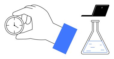 El ele tutuşan kronometre, teknolojiyi temsil eden dizüstü bilgisayar ve bilim ve araştırmayı sembolize eden deney şişesi. Üretkenlik, zamanlama, yenilik, zaman izleme, deney, verimlilik için idealdir.