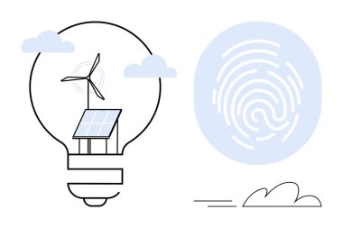 Rüzgar türbini, güneş panelleri, bulutlar ve parmak izli ampul yeniliği, yenilenebilir enerjiyi ve çevre dostu teknolojiyi sembolize ediyor. Sürdürülebilirlik, enerji ve çevre için ideal