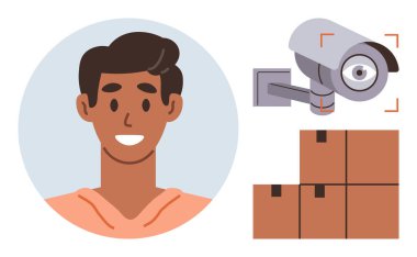 Çemberdeki gülümseyen kişi, duvara monte edilmiş güvenlik kamerası, gözetleme ve depolamayı ima eden kutular. Güvenlik, lojistik, e-ticaret, dağıtım hizmetleri, operasyon işleri için ideal