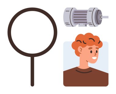 Büyüteç, gülümseyen insan portresi, endüstriyel elektrikli motor. Teknoloji, analiz, gözlem, mühendislik ve insan ilişkileri araştırmaları için ideal. Basit bir düz metafor.