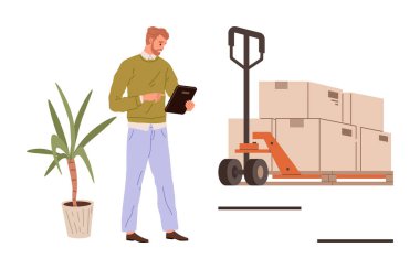 Karton kutular ve dekoratif bitkilerle dolu palet krikosunun yanında envanter düzenlemek için tablet kullanan bir adam. Lojistik, tedarik zinciri, envanter yönetimi, e-ticaret, depo çözümleri için ideal