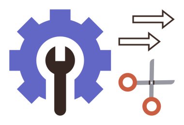 Ortasında ingiliz anahtarı, makas ve okları olan aletleri tasvir eden, problem çözen, kişiselleştiren ve işlem geliştiren dişliler. Yenilik, mühendislik, takım çalışması strateji onarım projesi için ideal