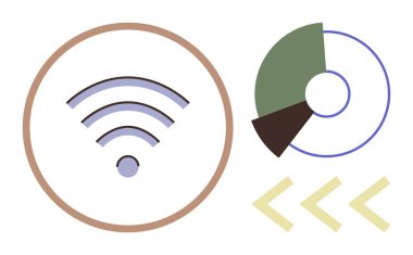 Wireless signal inside circle, segmented pie chart, and chevron arrows indicating direction. Ideal for connection, data flow, navigation, technology, analytics communication simplification. A clipart svg vector 