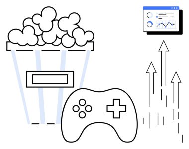 Patlamış mısır kovası, oyun denetleyicisi, analitik çizelgesi ve büyüme okları eğlence, oyun, medya eğilimleri ve piyasa başarısını iletir. İş ve eğlence oyunları için ideal analitik büyüme