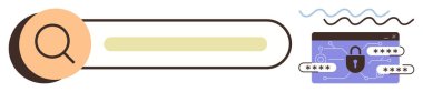 Gizli parolaları gösteren kilitli tarayıcının yanında arama çubuğunun üzerinde gezinen büyüteç. Veri güvenliği, çevrimiçi gizlilik, şifreleme, giriş, siber güvenlik, İnternet taraması, dijital