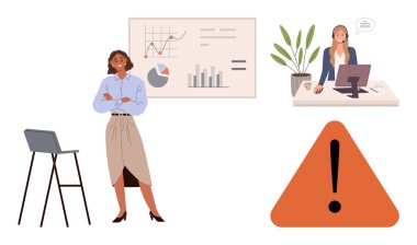 Çizelgelerin önünde kendinden emin bir kadın, masada oturan bilgisayarlı bir çalışan, büyük uyarı işareti. Takım çalışması, liderlik, analitik, işyeri iletişimi, problem çözme, sunumlar için ideal