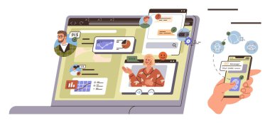 Birden fazla katılımcıyla çevrimiçi görüşme, video görüşmesi, dizüstü bilgisayardaki ve akıllı telefondaki mesajlar. Uzak çalışma, dijital ağ, sanal işbirliği, çevrimiçi sınıflar ve modern teknoloji için ideal