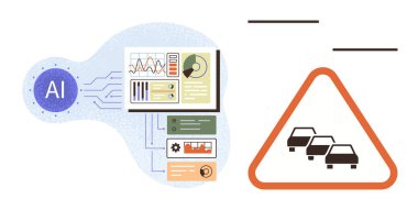 AI module processes traffic data with visual stats and graphs, alerts with car congestion warning sign. Ideal for AI innovation, transport tech, safety systems, data analytics, automation, smart clipart svg vector 