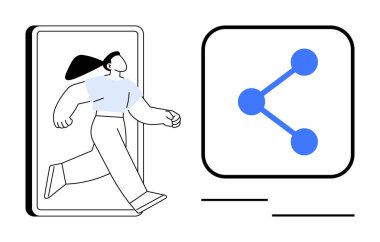 Akıllı telefon ekranından çıkan hareketli kadın, yanında büyük paylaşım simgesi. Teknoloji, iletişim, paylaşım, sosyal medya, yenilik, dijital etkileşim ve basit iniş sayfası için ideal
