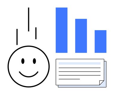 Mavi çizelge ve bir belgenin yanında ilerlemeye işaret eden çizgilerle dolu mutlu bir yüz. Büyüme, başarı, olumlu eğilimler, motivasyon, veri analizi, eğitim ve planlama için ideal. Basit.