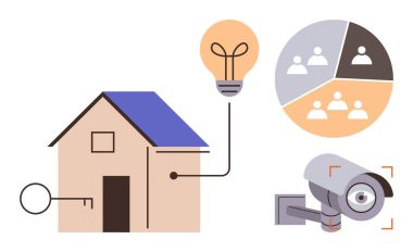 Güvenlik ve enerjiyi temsil eden anahtar ve ampullü ev, çevreyi izleyen güvenlik kamerası ve veri içgörüsü için pasta grafiği. Akıllı yaşam, güvenlik, teknoloji ve analiz için ideal