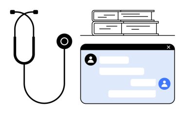 Stetoskop, kitap yığını ve sohbet arayüzü dijital sağlık, tıbbi bilgi ve hasta iletişimini sembolize ediyor. Teletıp, e-öğrenim, eğitim ve danışmanlık için ideal.