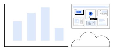 Grafikleri ve video içeriği bir bulutta depolanan dijital bir panelin yanında bar çizelgesi trendleri. Veri yönetimi, bulut hesaplama, analitik, görselleştirme, iş anlayışı, SaaS