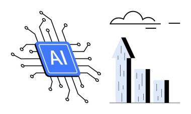 Yapay zeka çipi yükselen bir grafik ve bulutun yanındaki devrelere bağlı. Yenilik, teknoloji, yapay zeka, büyüme, veri analizi, otomasyon, gelecek eğilimler, basit iniş sayfası için ideal