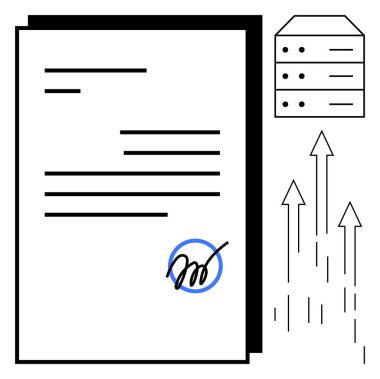 El yazısı imzalı belge, sunucu yığını, veri depolamayı, büyümeyi ve ilerlemeyi sembolize eden yukarı doğru oklar. Dijital sözleşmeler, iş, teknoloji, organizasyon başarısı yeniliği için ideal