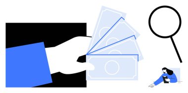 El ele tutuşan para, büyüteç, incelemeyi sembolize eden, tabletteki verileri izleyen kadın. Finans, araştırma, yatırım, analiz, bütçe, basit iniş sayfaları için ideal