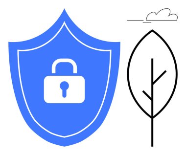 Basit ağaç ve bulutun yanında kilit sembolü olan bir kalkan. Veri koruması, doğa koruma, siber güvenlik, eko-güvenlik, yazılım güvenliği, sürdürülebilirlik, gizlilik savunması için ideal. Basit düz
