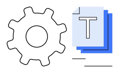 Metin, özelleştirme, içerik araçları, dosya yönetimi ve iş akışını sembolize eden metin ve belge yığını. Otomasyon, üretkenlik, organizasyon, yazılım UI dijital araçları için ideal