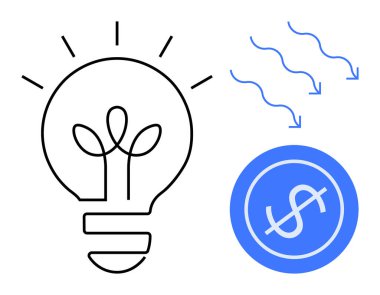 Kabartma teli, alçalan oklar ve dolar sembolüyle parlayan bir ampul. Yenilik için ideal, sürdürülebilirlik, büyüme, finans, ilham yatırımı stratejik düşünce. Basit düz