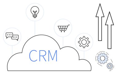 Bulut işaretli CRM 'de başparmaklar yukarı, ampul, alışveriş arabası, oklar ve vitesler var. İş, yenilik, takım çalışması, strateji iletişim yönetimi verimliliği için ideal